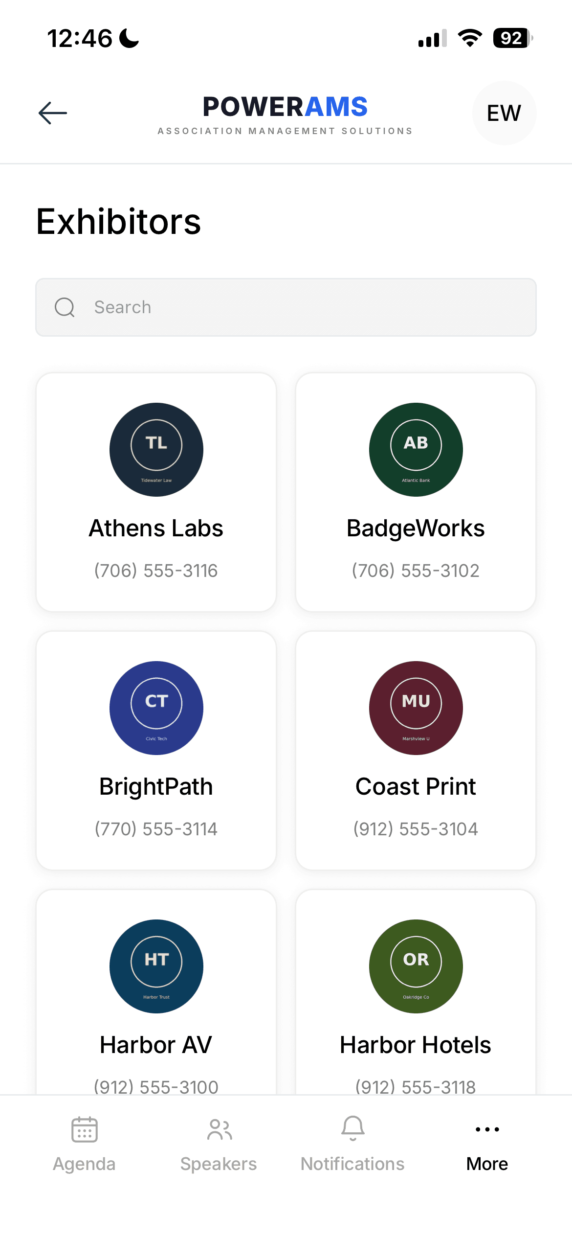 The attendee app exhibitor directory — searchable grid with company logos