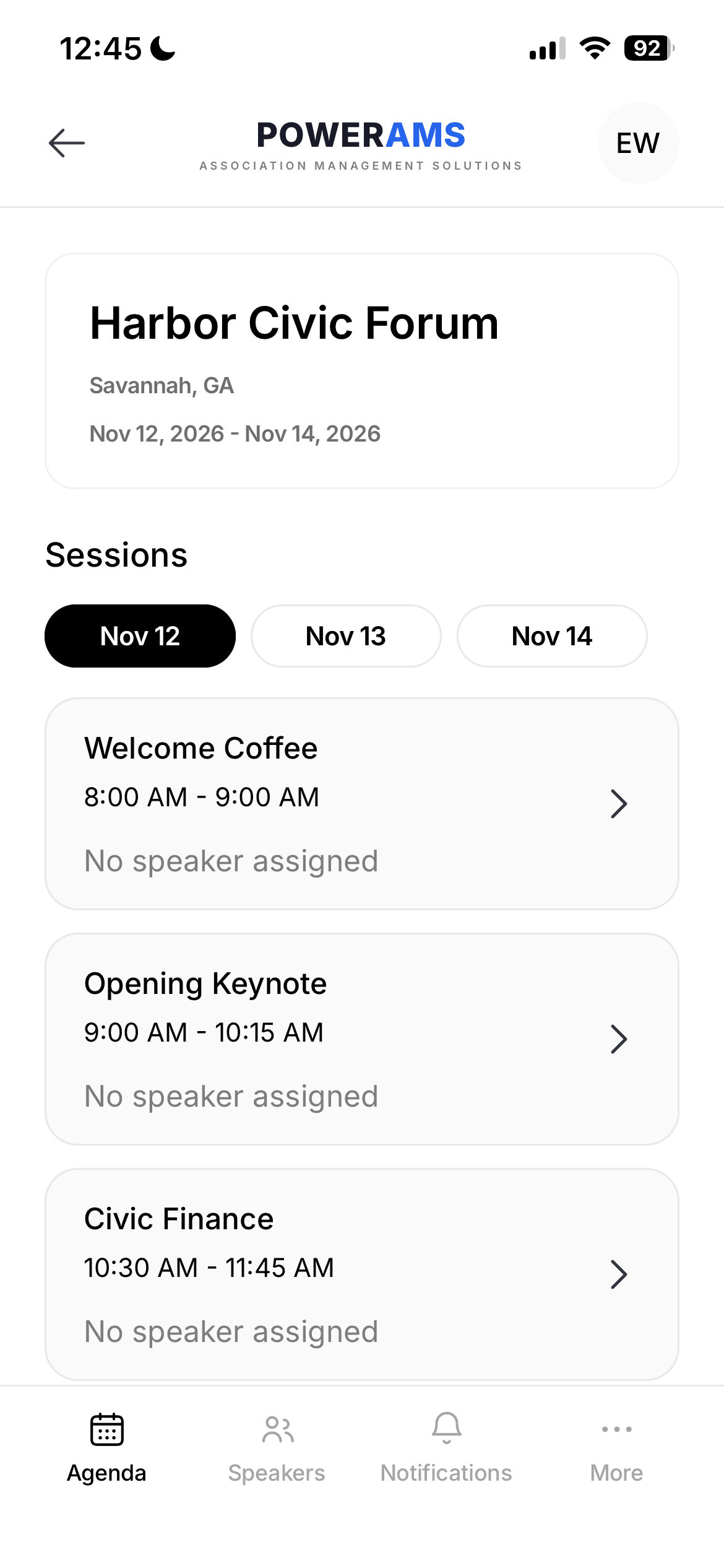 The attendee app agenda — a multi-day session list with times