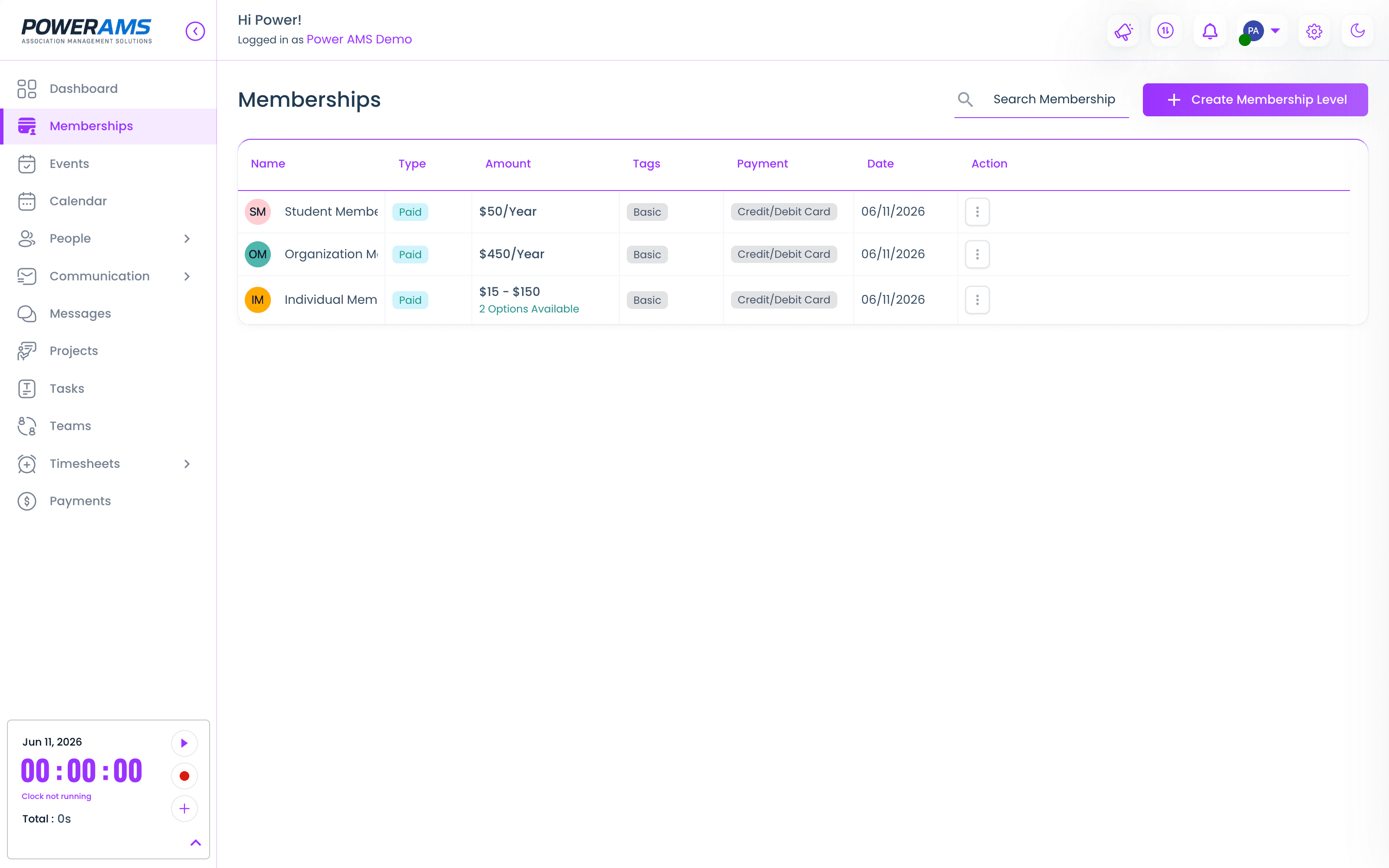 Membership levels in PowerAMS — individual, organization, and student tiers with yearly and monthly pricing