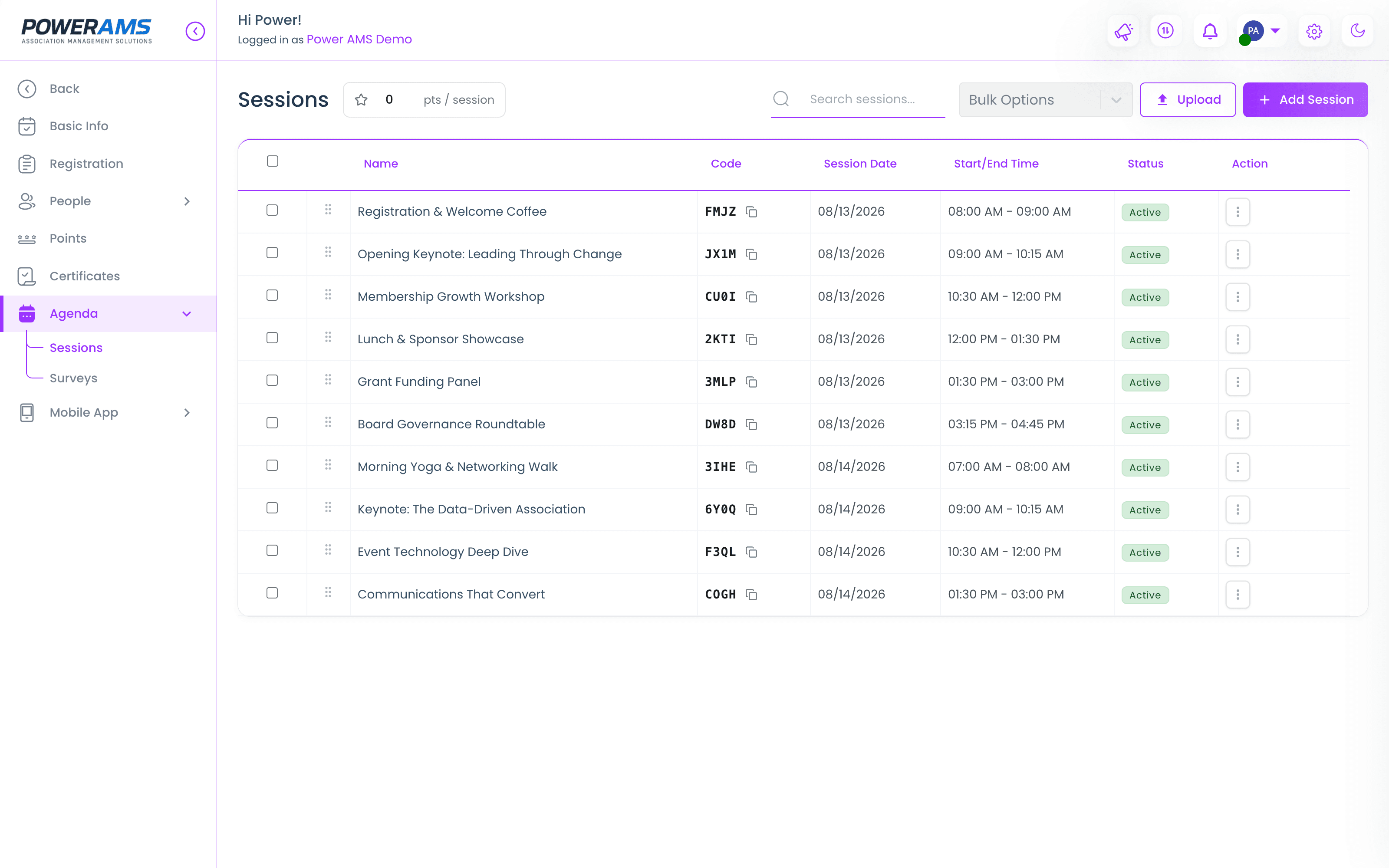 The session manager — a three-day agenda with session codes, dates, times, and live status